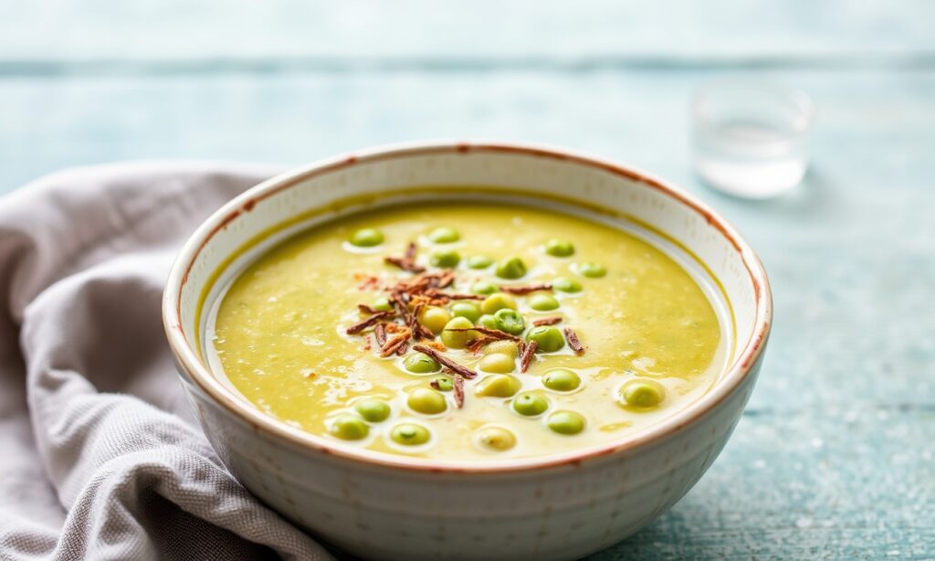 Hearty vegetarian split pea soup, a comforting, flavorful bowl.