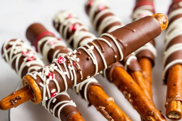 Sweet salty chocolate-covered pretzel rods, perfect snack.