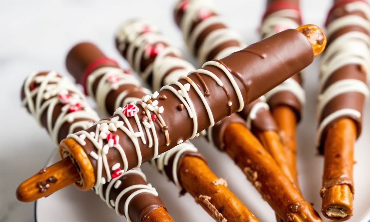 Sweet salty chocolate-covered pretzel rods, perfect snack.