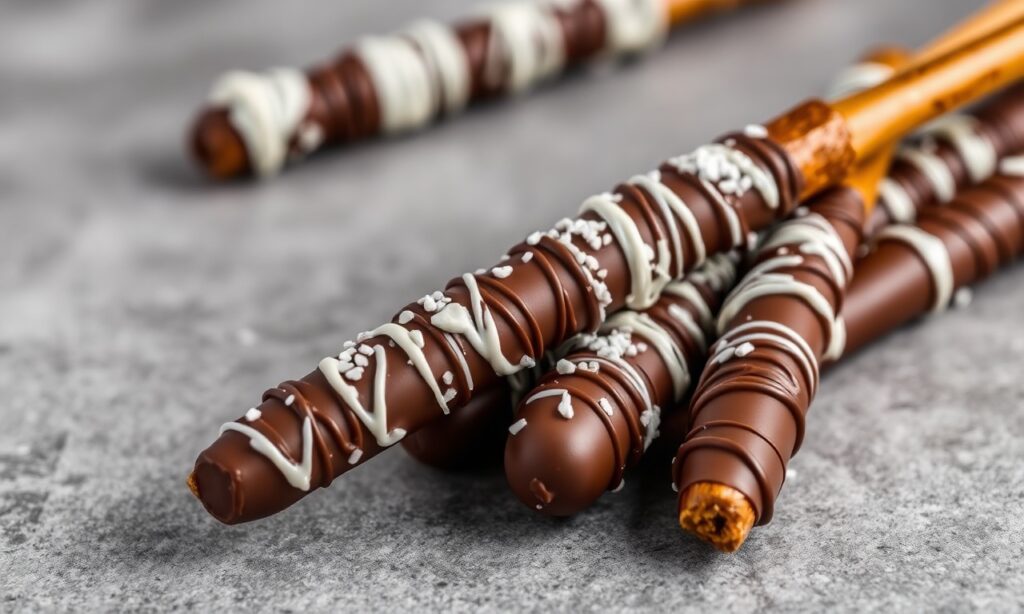Sweet salty chocolate-covered pretzel rods: perfect snack balance.