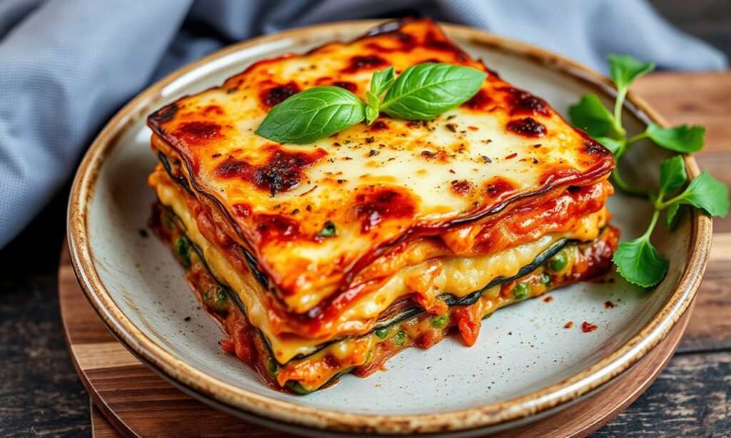 Zucchini lasagna with eggplant and fresh herbs, a flavorful layered delight.