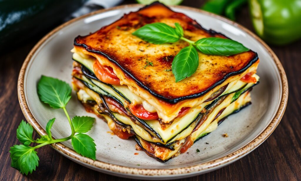 Zucchini lasagna with eggplant and fresh herbs, a layered delight.