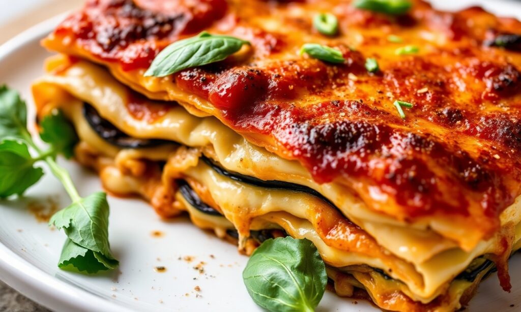 Zucchini lasagna with eggplant and fresh herbs, a layered delight.