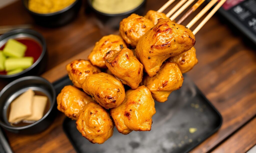 Juicy grilled chicken skewers, a taste of Japanese yakitori tradition.