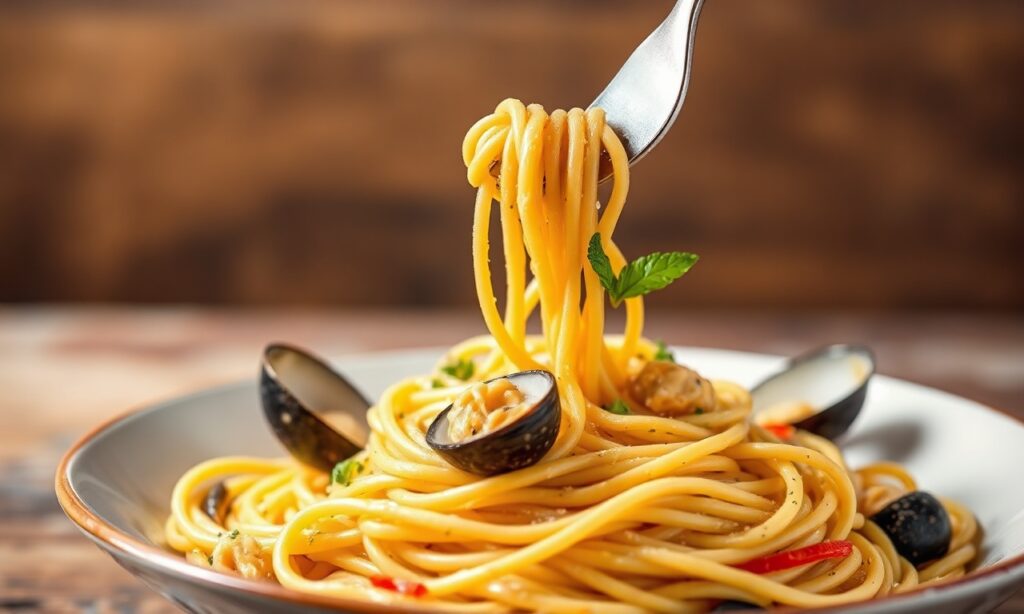 Vongole recipe: clam spaghetti delight without wine, seaside escape.