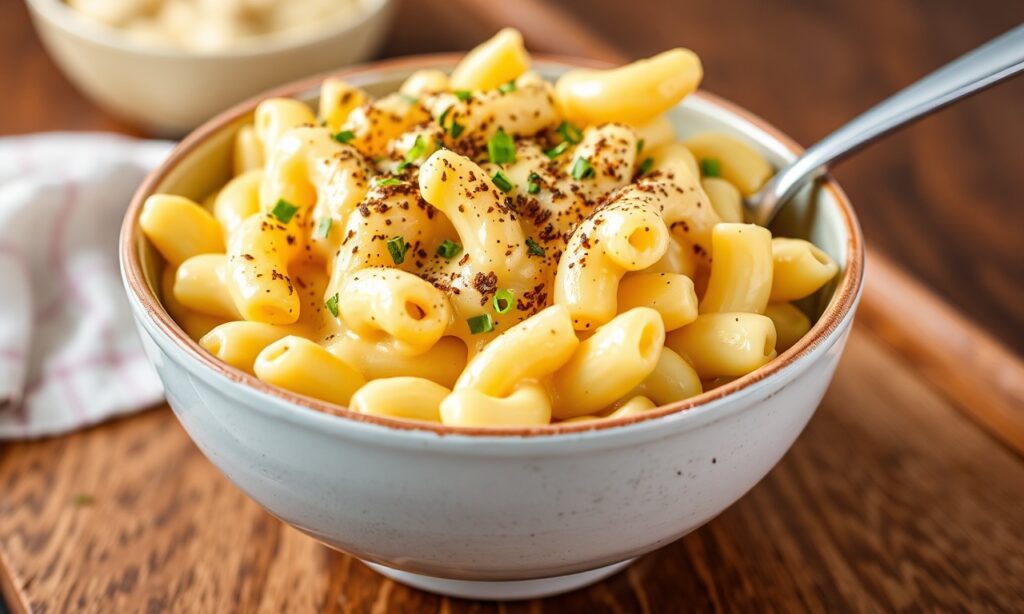 Creamy Comfort: Low-calorie mac and cheese bowl, a cheesy delight.