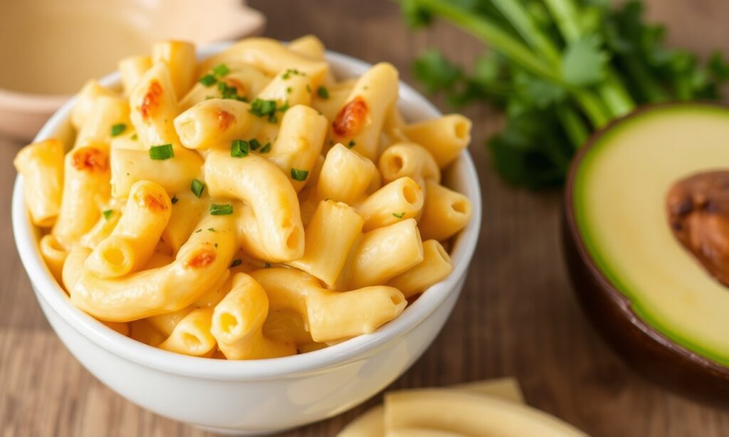 Creamy Comfort: Low-calorie mac and cheese bowl, a cheesy delight.