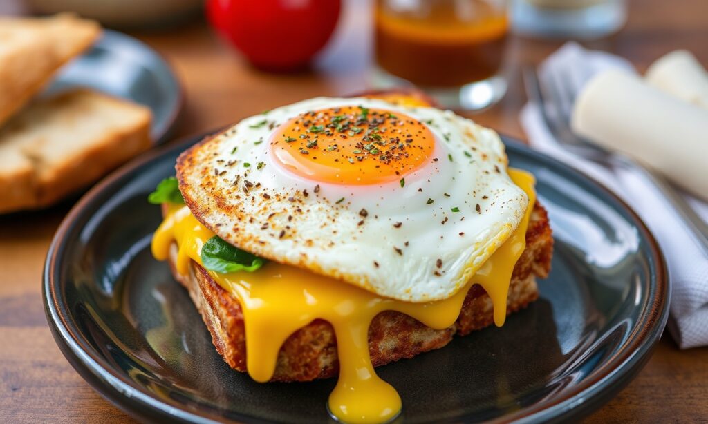 Classic Croque Madame: vegetarian twist on timeless favorite sandwich.