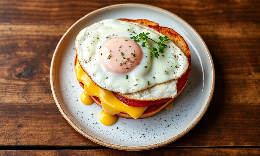 Classic Croque Madame: vegetarian twist on timeless favorite sandwich.