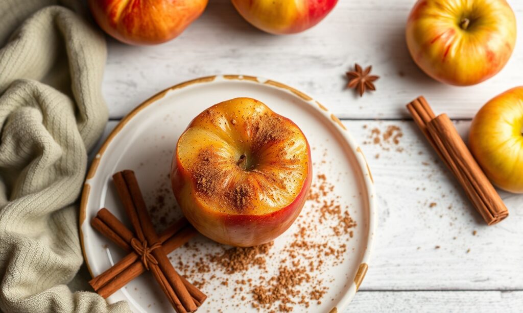 Warm baked apples with cinnamon: a cozy, spiced delight.