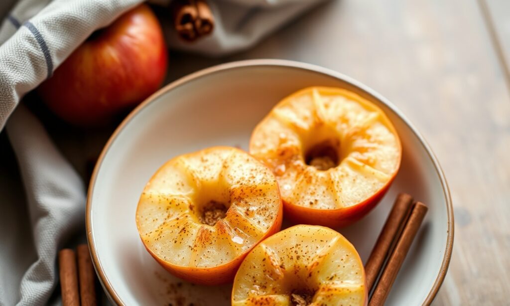 Warm baked apples with cinnamon: a cozy, spiced delight.