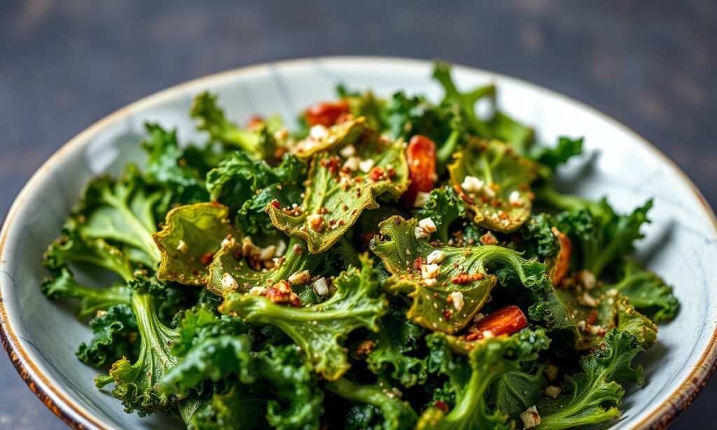 Crunchy roasted kale chips, a healthy and irresistible snack.