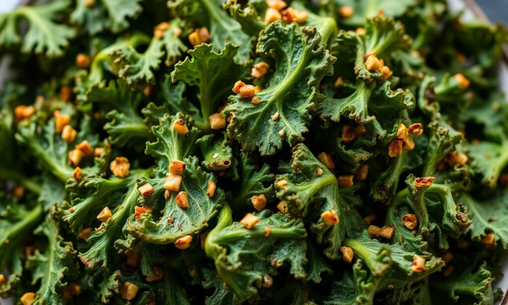 Crispy roasted kale chips, a healthy and irresistible snack option.