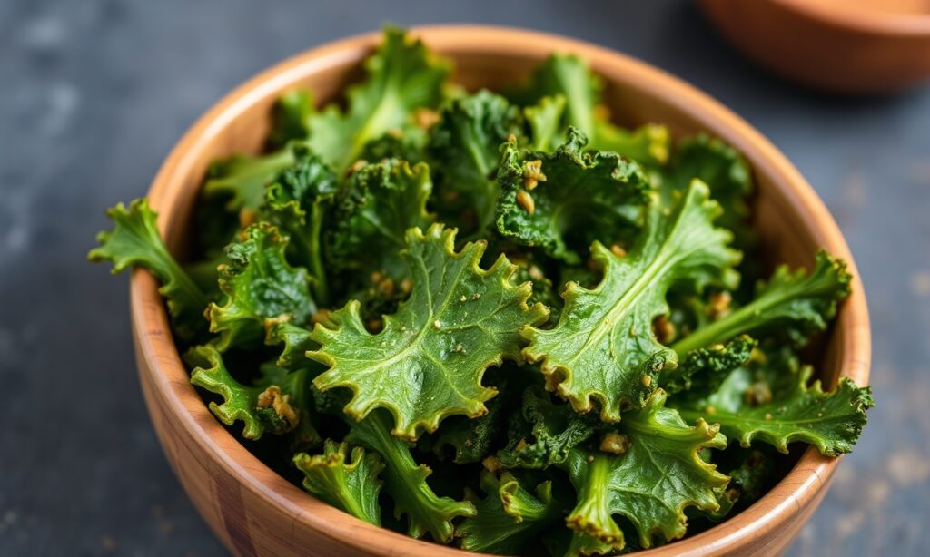 Crispy roasted kale chips, a healthy and irresistible snack option.