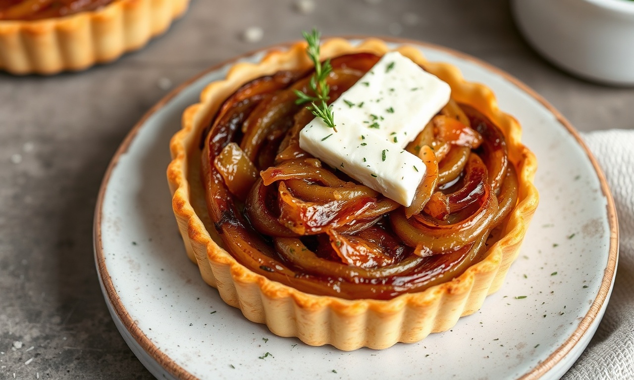 Savory caramelized onion and feta tart, packed with irresistible flavor.