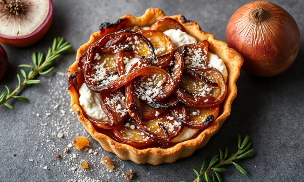 Caramelized onion and feta tart: savory, elegant, simple, irresistible recipe.