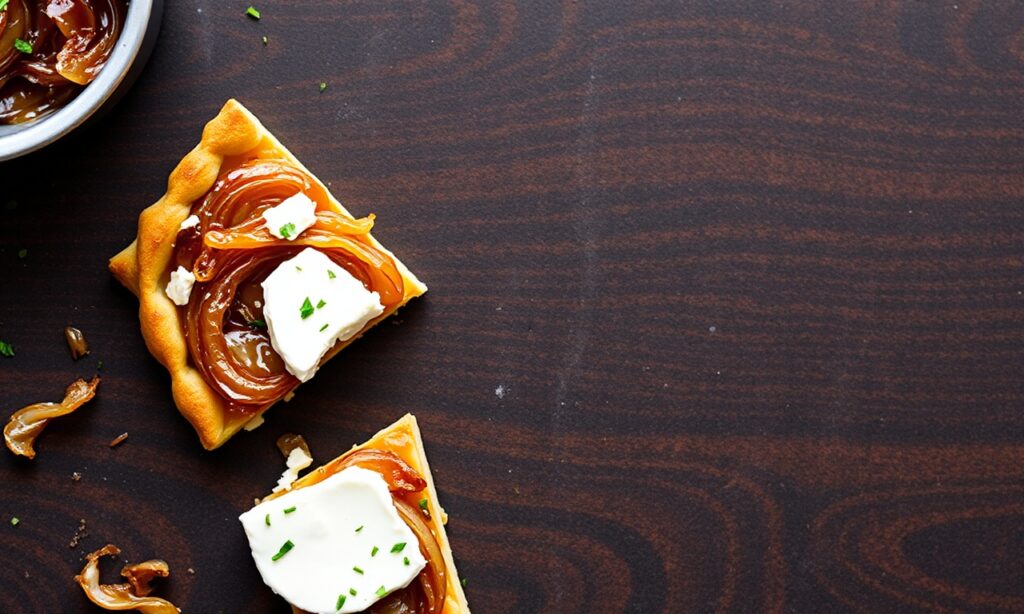 Caramelized onion and feta tart: sweet, savory, and flavorful delight.