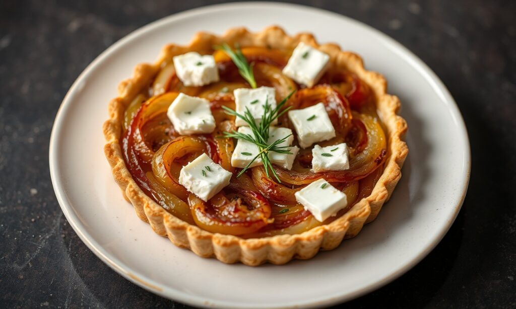 Caramelized onion and feta tart: sweet, savory, and flavorful delight.