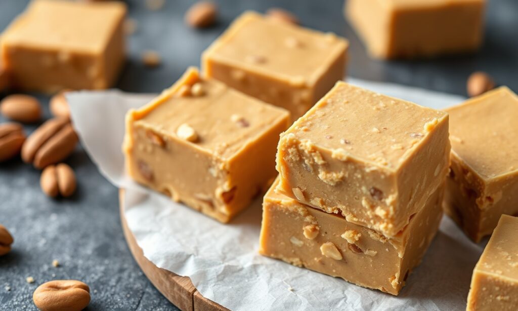 Creamy peanut butter fudge: irresistible sweet bliss, decadent bite.