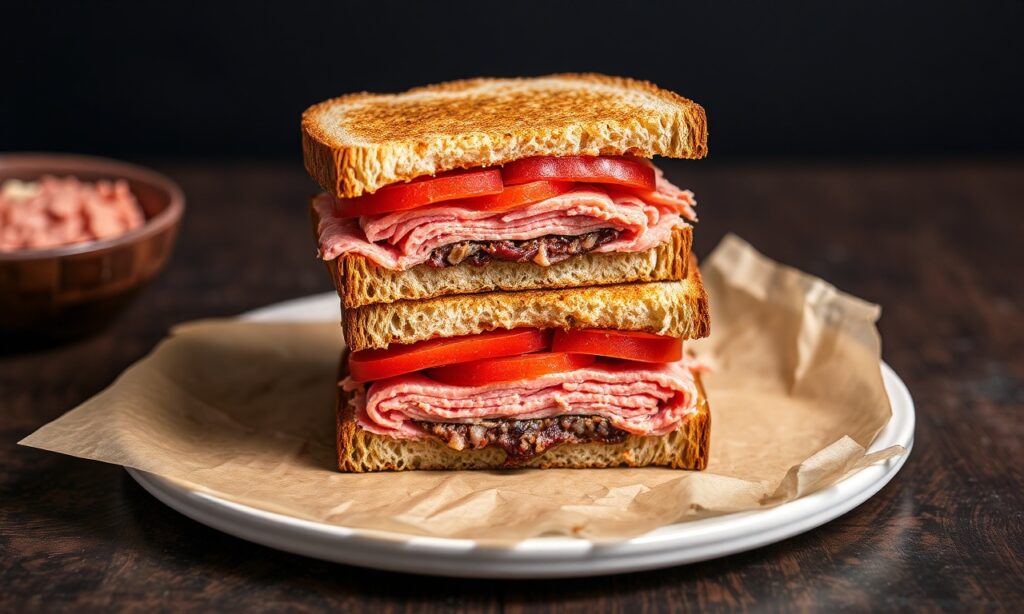 Tempeh Reuben sandwich stacked high, grilled to perfection.