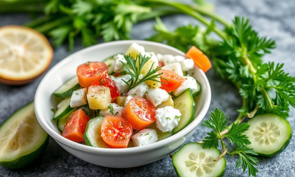 Refreshing cacik: classic cucumber, dill, yogurt salad, fresh ingredients.