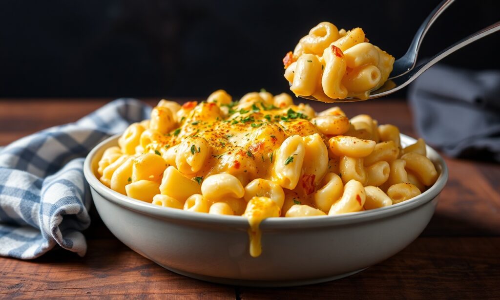Creamy baked mac and cheese in a dish, ultimate comfort food.