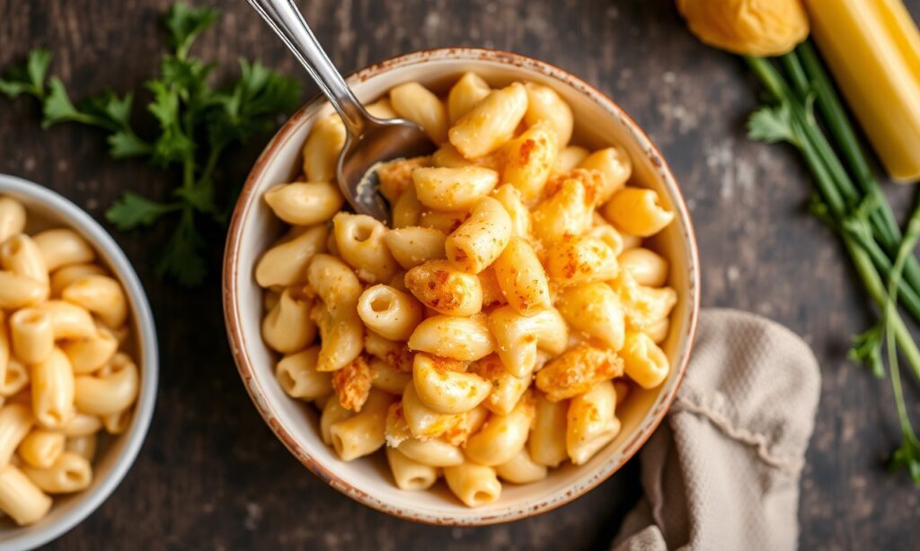 Creamy baked mac and cheese, golden crust, rich comfort.