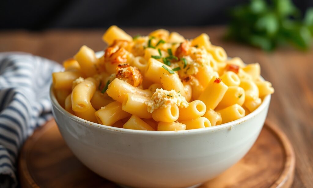 Creamy baked mac and cheese, golden crust, rich comfort.
