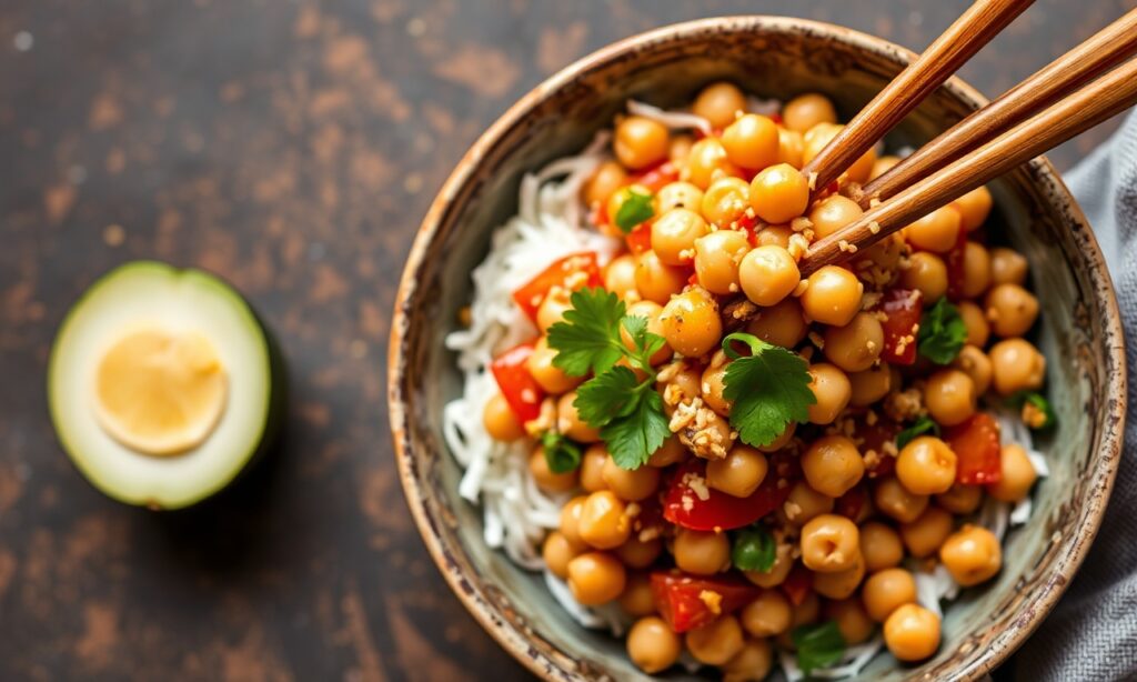 Spicy Kung Pao chickpeas, a bold vegetarian twist on a classic.