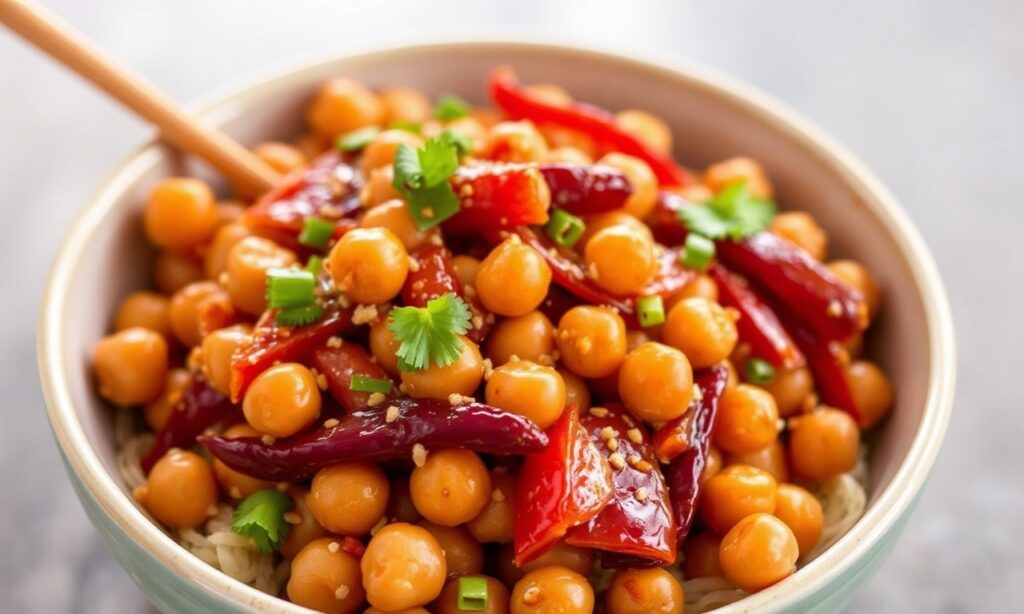 Spicy Kung Pao chickpeas, a bold vegetarian twist on a classic.