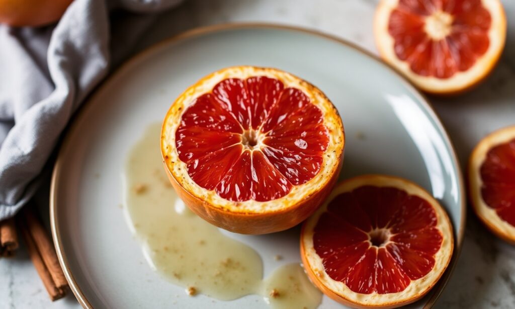Broiled grapefruit with cinnamon, zesty sweet heat delight.