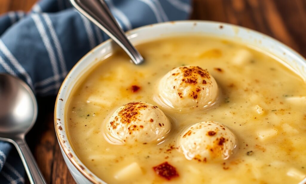 Comforting Matzo Ball soup, a warm and soothing culinary embrace.