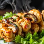 Savory chicken mushroom skewers: a mouthwatering delight.