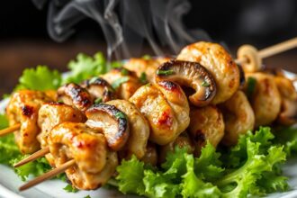 Savory chicken mushroom skewers: a mouthwatering delight.