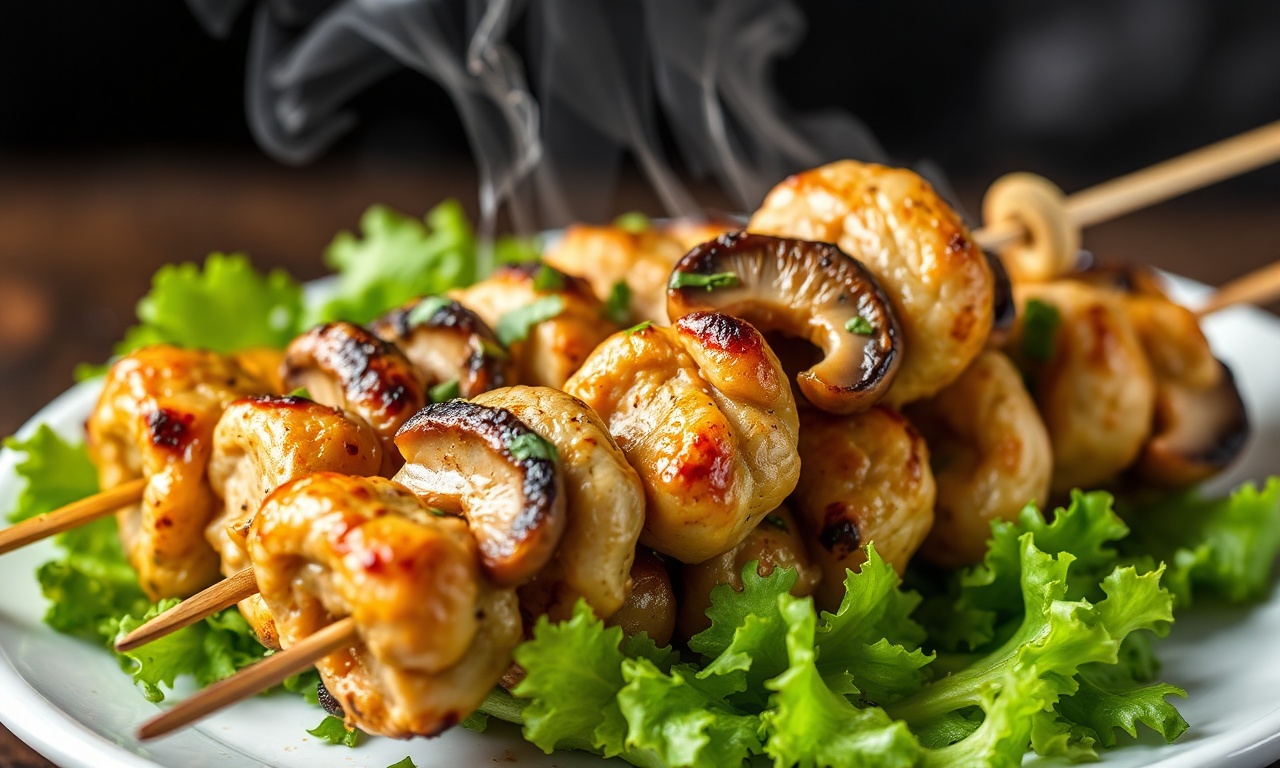Savory chicken mushroom skewers: a mouthwatering delight.