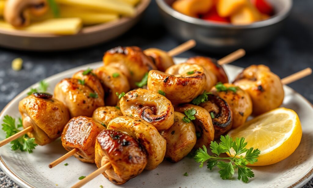 Savory chicken mushroom skewers, a mouthwatering delight for gatherings.
