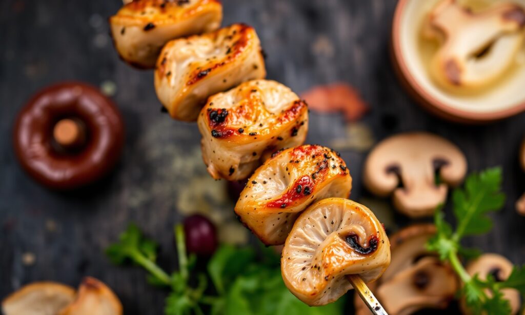 Savory chicken mushroom skewers recipe for a delightful meal.