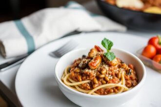Hearty lentil and mushroom bolognese: ultimate plant-powered twist.