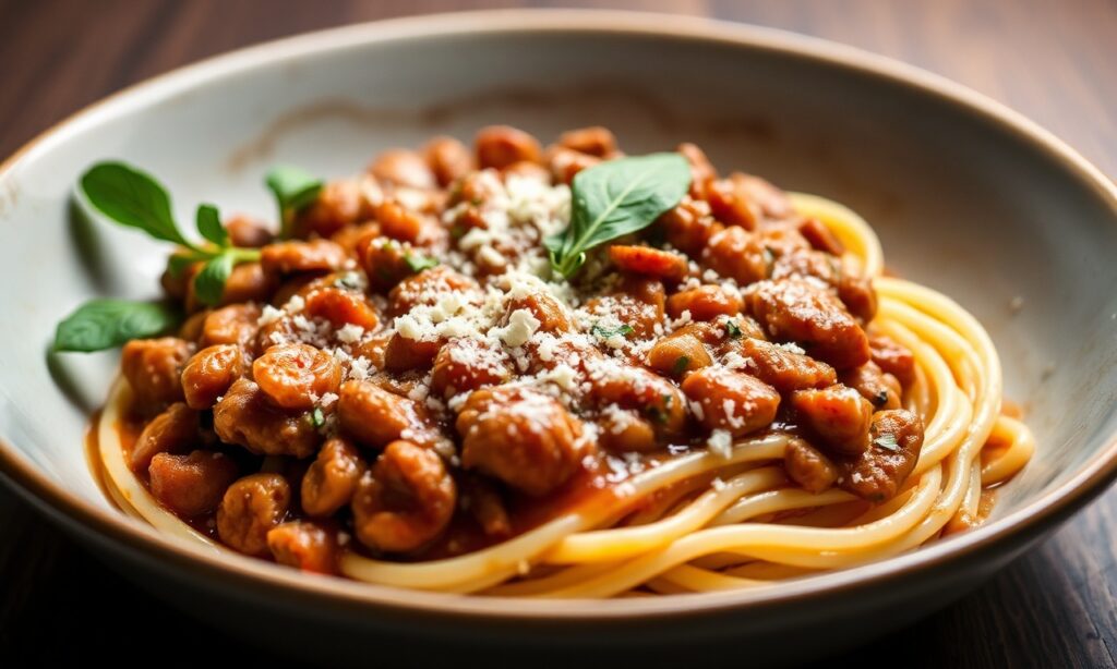 Hearty lentil mushroom bolognese: plant-powered comfort food.