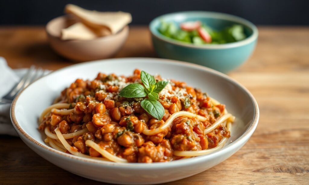 Hearty lentil mushroom bolognese: plant-powered comfort food.