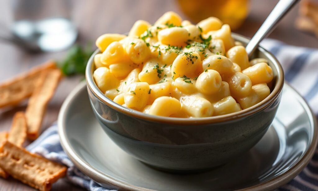 Low-calorie creamy mac and cheese, guilt-free comfort food delight.