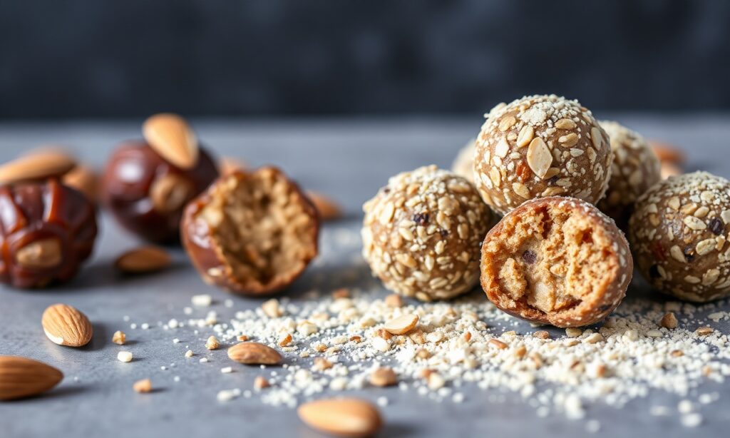 Homemade almond butter date balls for an energy boost.