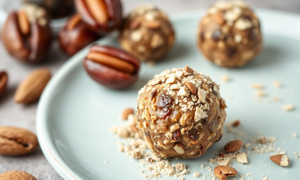 Homemade almond butter date balls for an energy boost.