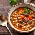 Hearty beef and barley soup bowl, a delicious comfort food classic.