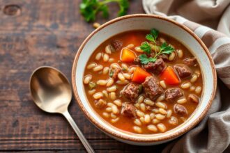 Hearty beef and barley soup bowl, a delicious comfort food classic.
