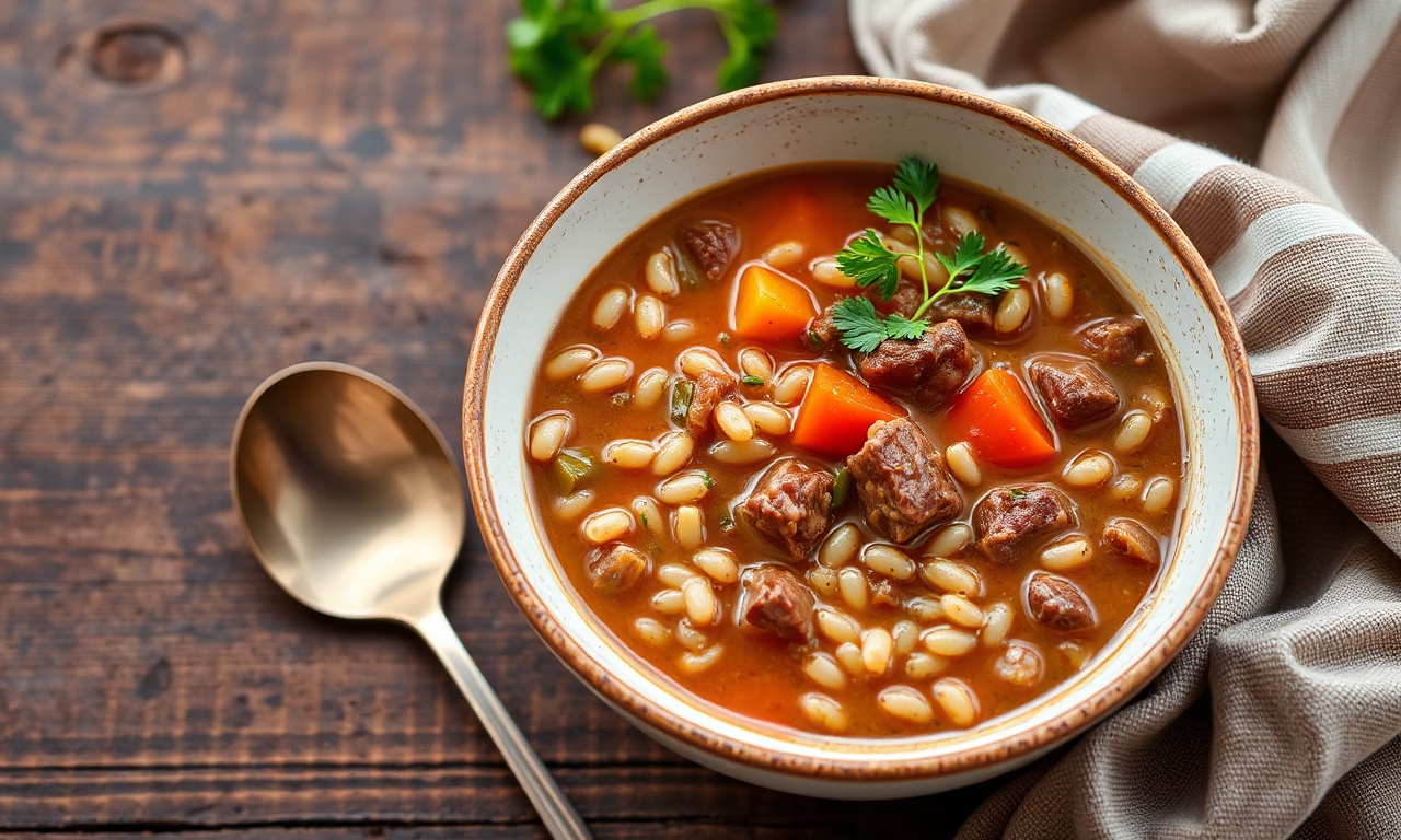 Hearty beef and barley soup bowl, a delicious comfort food classic.