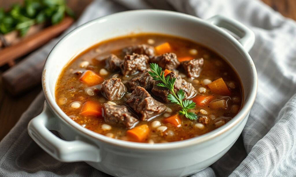 Hearty beef and barley soup, a delicious, nourishing comfort food classic.