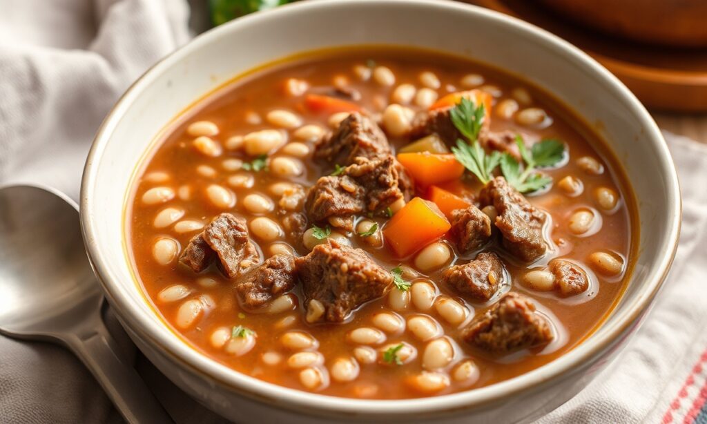 Hearty beef and barley soup: a delicious, nourishing comfort classic.