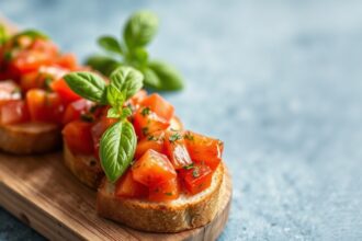 Vibrant bruschetta tomato with fresh basil, perfectly balanced and mouthwatering.