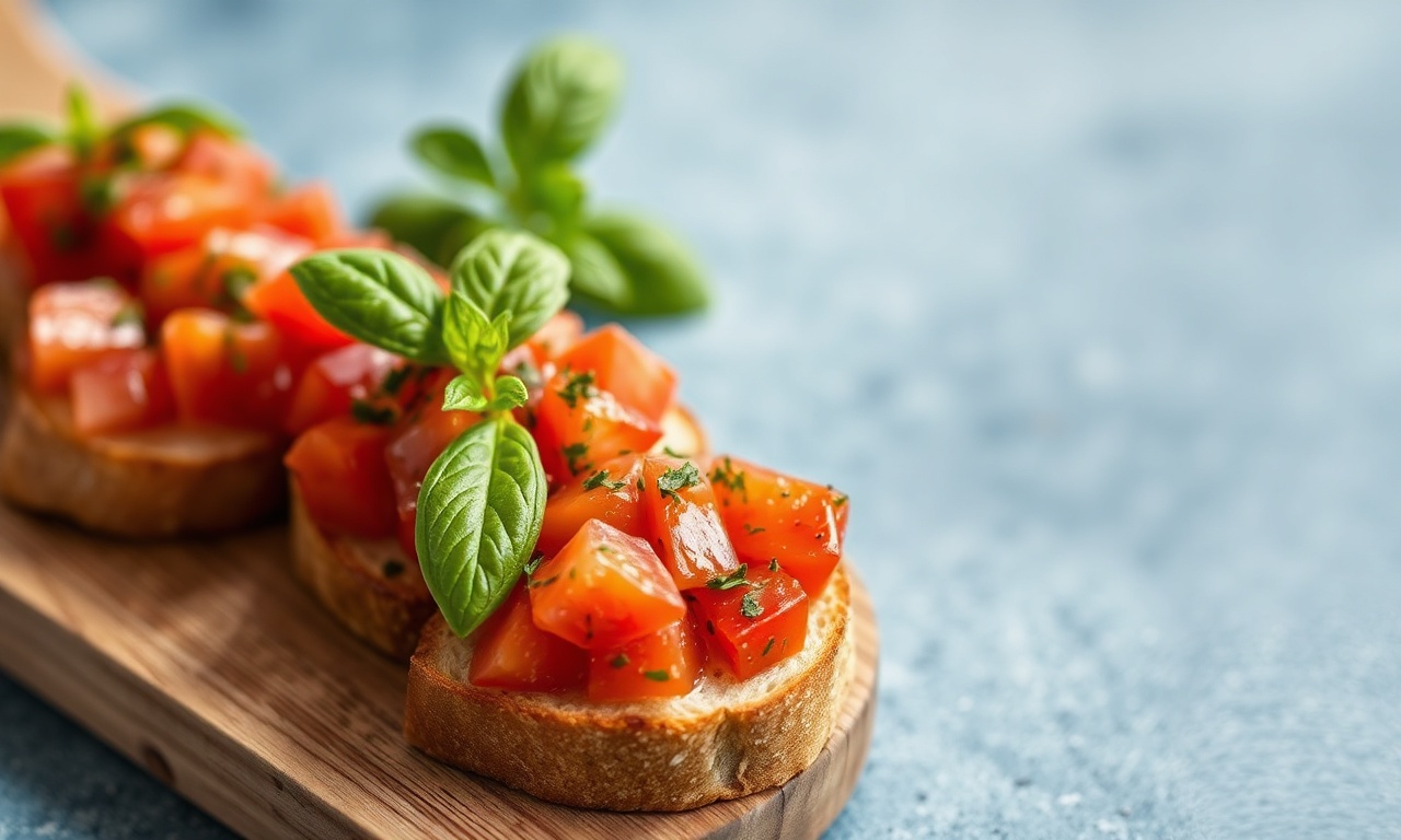 Vibrant bruschetta tomato with fresh basil, perfectly balanced and mouthwatering.